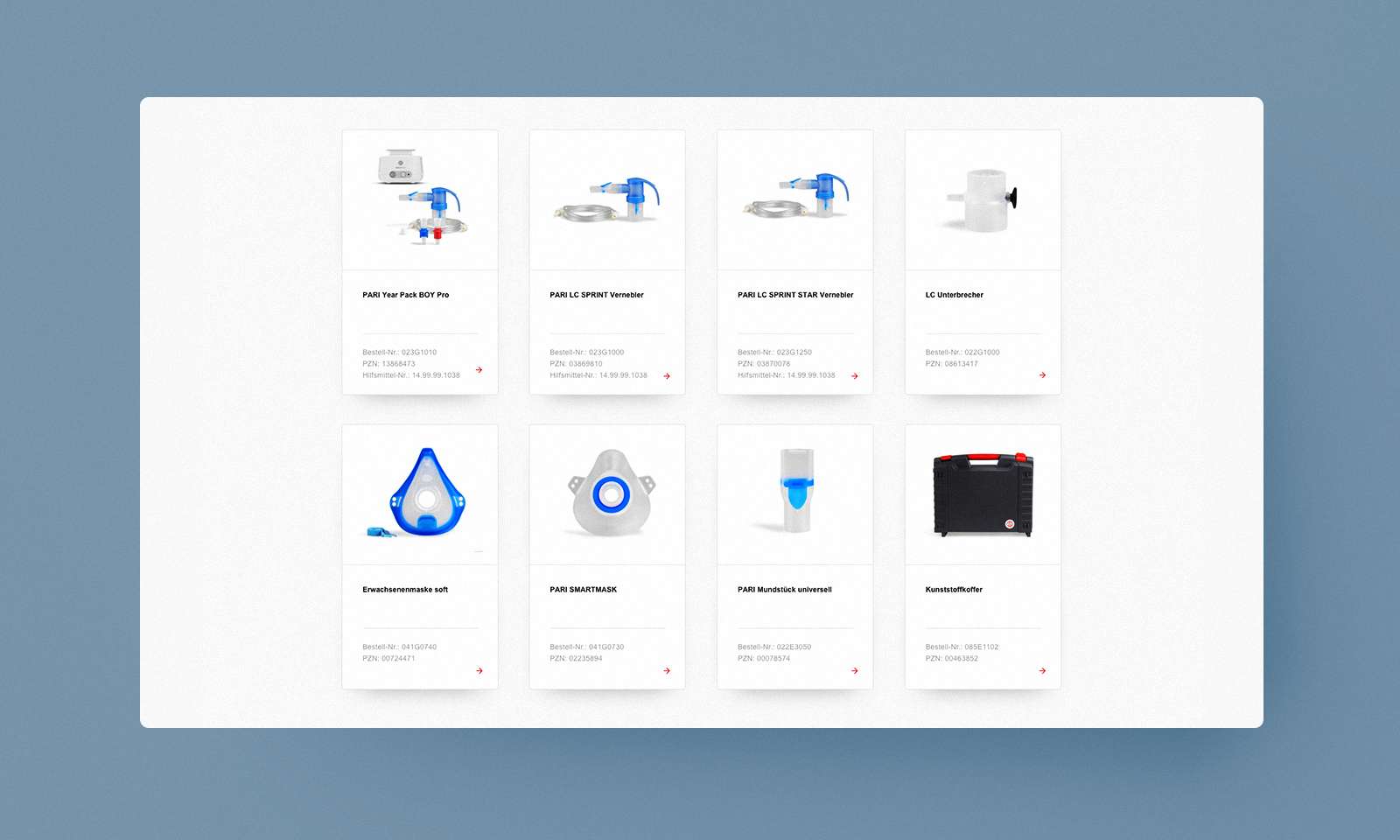 Screenshot of the product page on the PARI website: 8 products including short product descriptions in a grid of cards