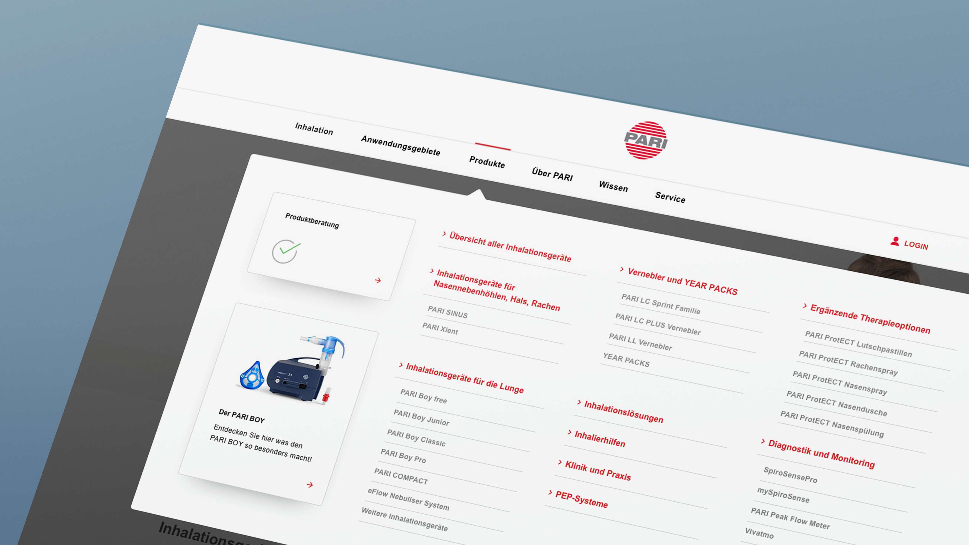 Cropped screenshot of a detailed view of the large, but well organised submenu “Products” including subheadings on the PARI website