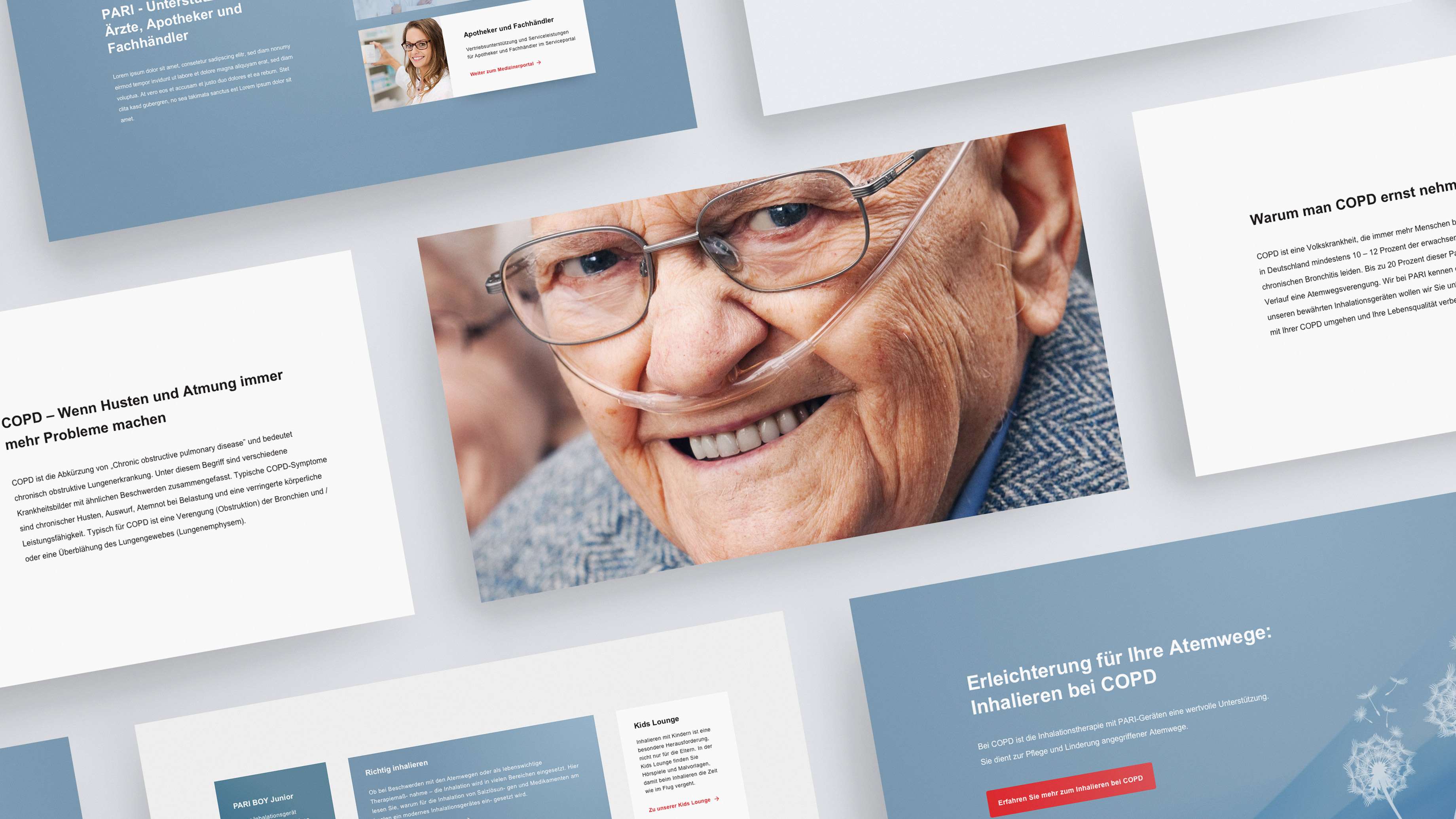 Screenshots of various modules on the PARI website allowing insight into different image motifs: an older man with glasses is wearing an oxigen tube in his nose and smiles