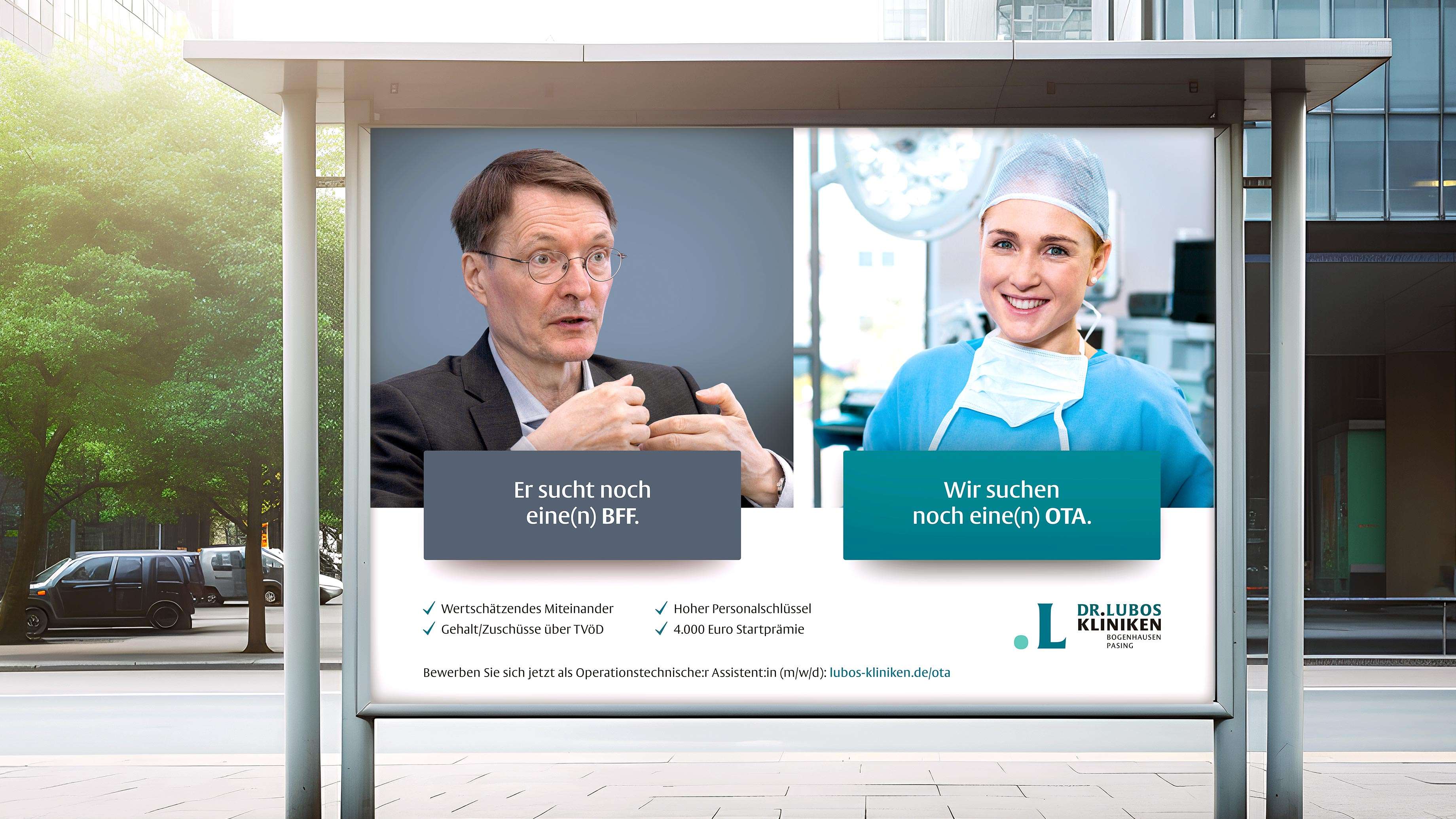 Mockup einer Bushaltestelle, zu sehen ist das Motiv der Kampagnenfortführung mit Fotos von  Gesundheitsminister Dr. Lauterbach und einer weiblichen OP-Schwester 