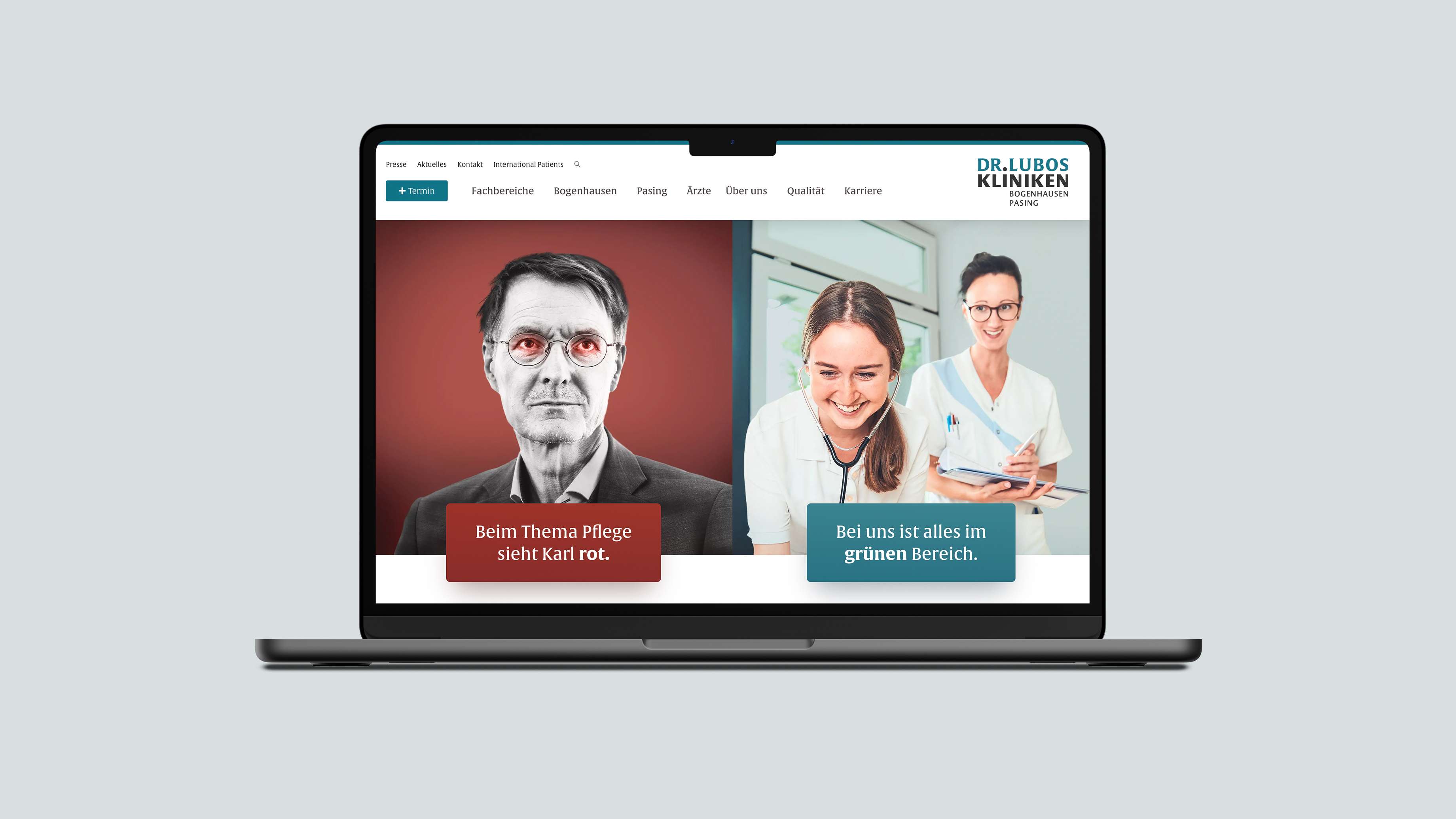 Mockup der Website zur Pflegekampagne für die Lubos Kliniken in einem MacBook: Headerbild ist das Keyvisual (links Karl Lauterbach mit roten Augen „Beim Thema Pflege sieht Karl rot“, rechts zwei Pflegekräfte „Bei uns ist alles im grünen Bereich“), zu sehen ist auch die Hauptnavigation