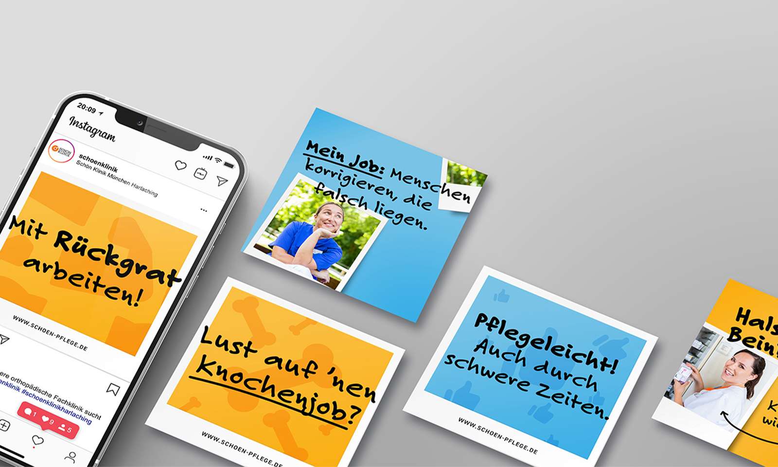 Mockup von Social Media Assets der Personalkampagne der Schön Klinik in leuchtendem gelb/orange und himmelblau mit den Kampagnenclaims: „Mit Rückgrat arbeiten“, „Lust auf 'nen Knochenjob?“, „Pflegeleicht! Auch durch schwere Zeiten“, „Mein Job: Menschen korrigieren, die falsch liegen“