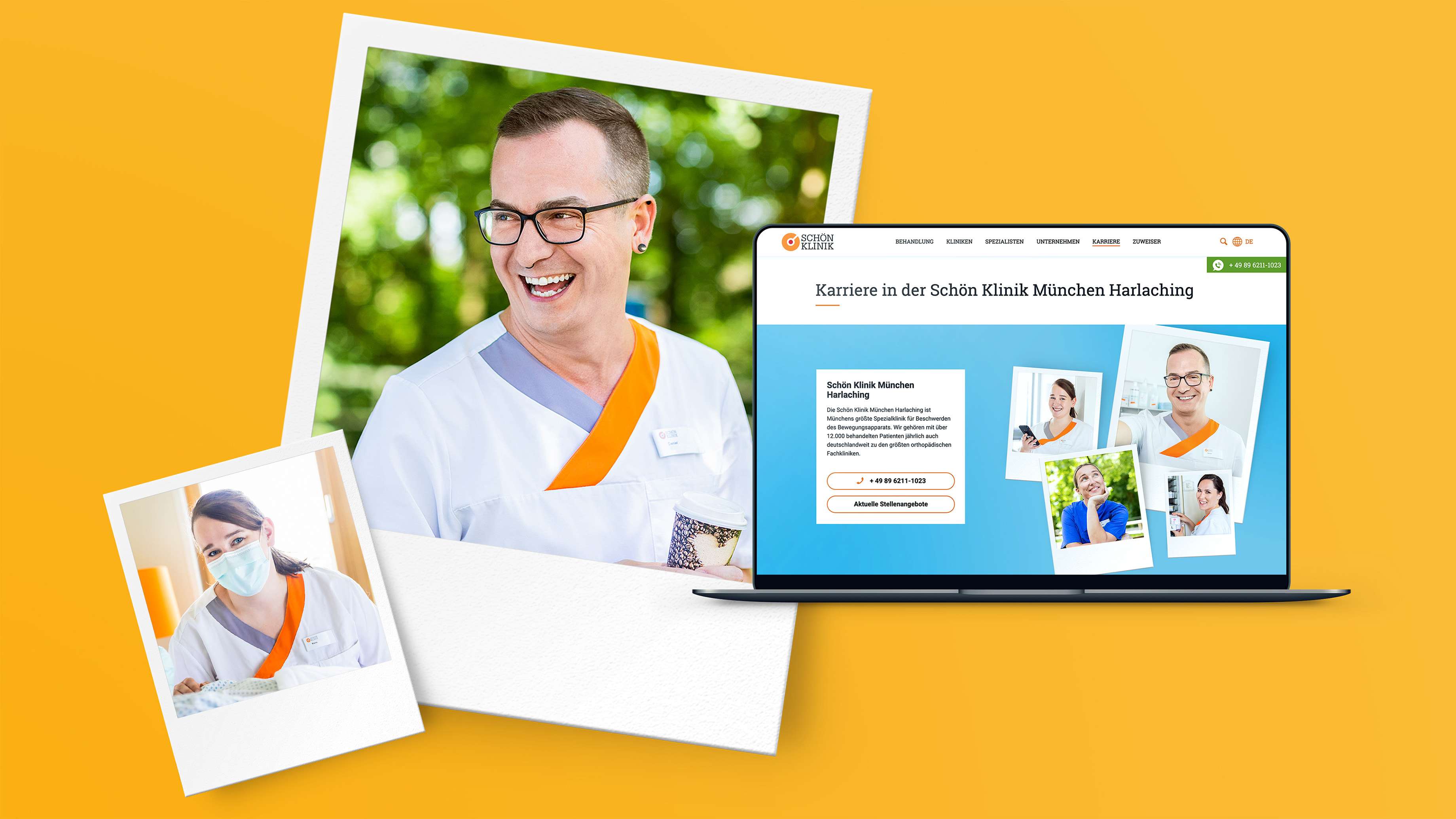Mockup der Website zur Pflegekampagne der Schön Klinik in einem MacBook neben zwei Polaroidbildern einer weiblichen und einer männlichen Pflegekraft