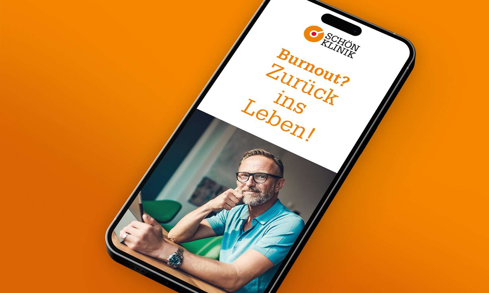 Mockup of a motif from the Schön Klinik social media campaign in a smartphone with the text “Burnout? Back to life!”