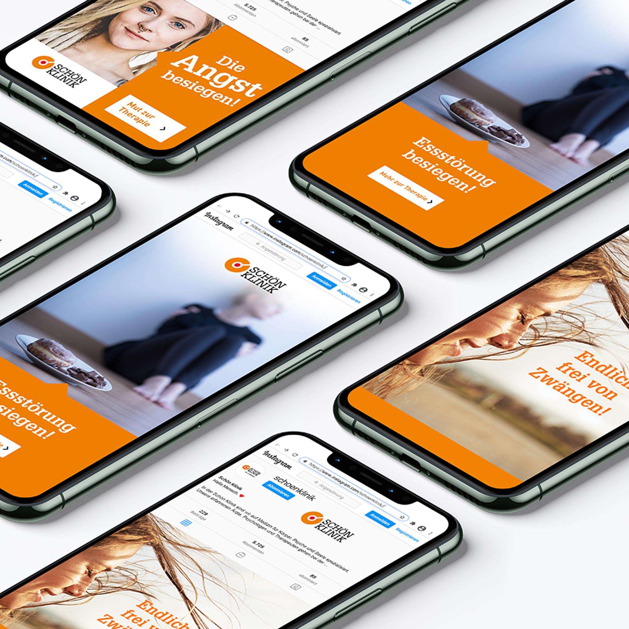 Mockup of several views of motifs from the Schön Klinik social media campaign in smartphones about multiple psychological illnesses such as eating disorders and OCD