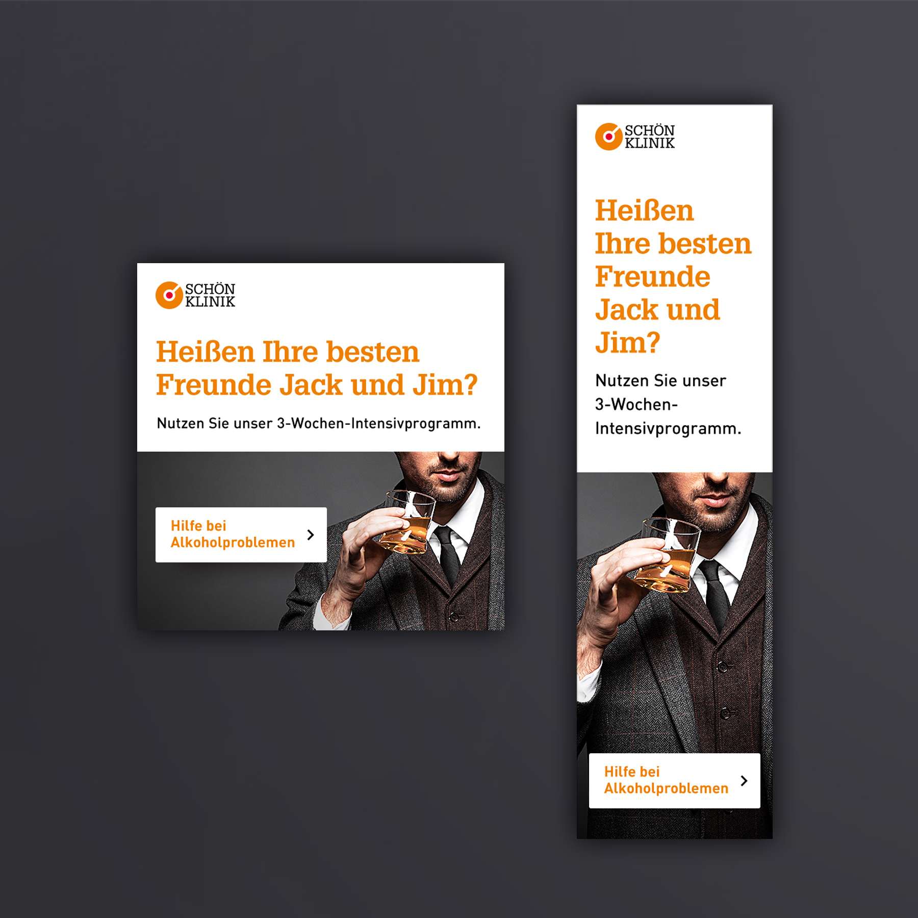 Screenshots of two Schön Klinik social ads on the topic of alcohol addiction in a square format and a skyscraper ad with the text “Are your best friends called Jack and Jim?”