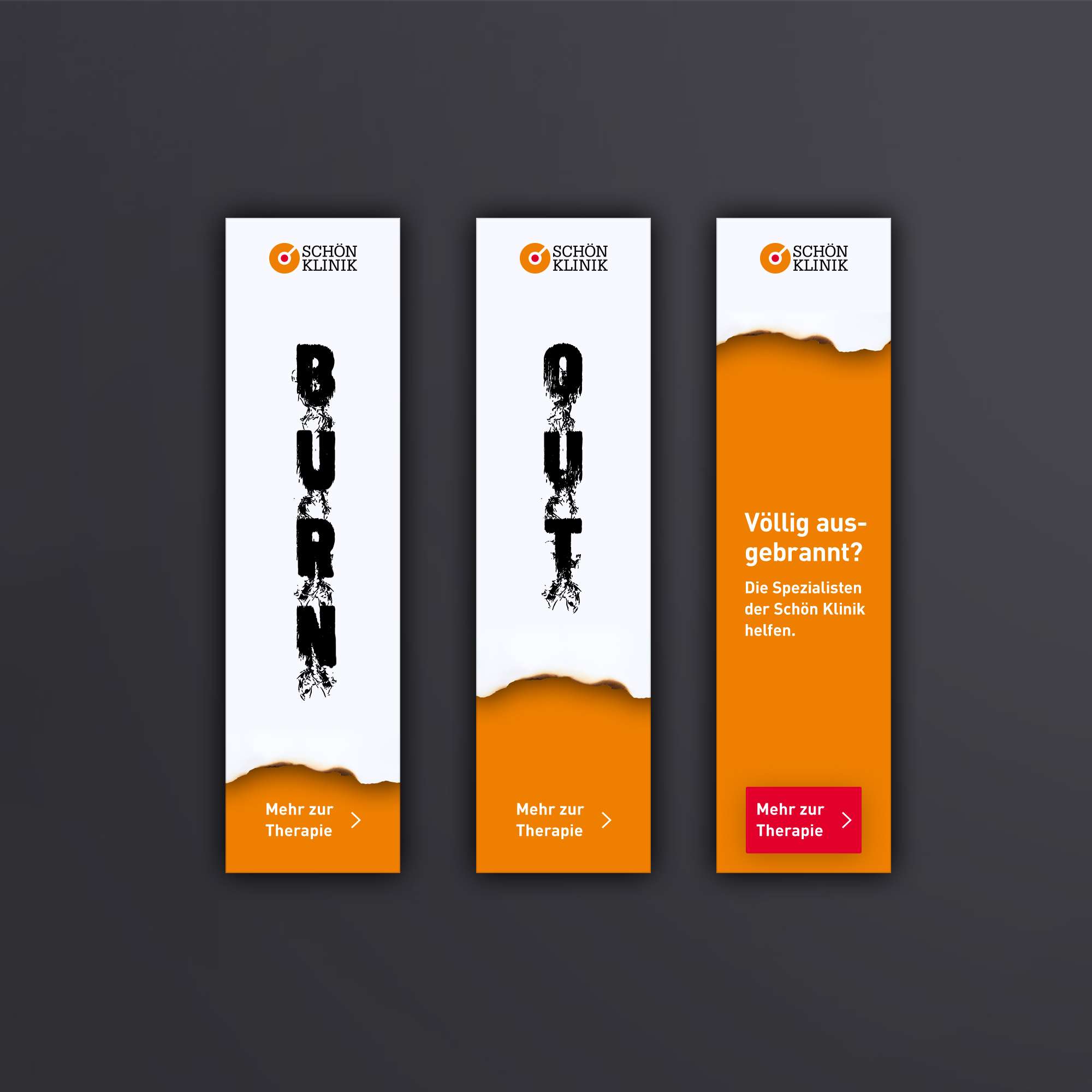 Screenshots of three Schön Klinik social ads and banners in a sky scraper format on the topic of burnout