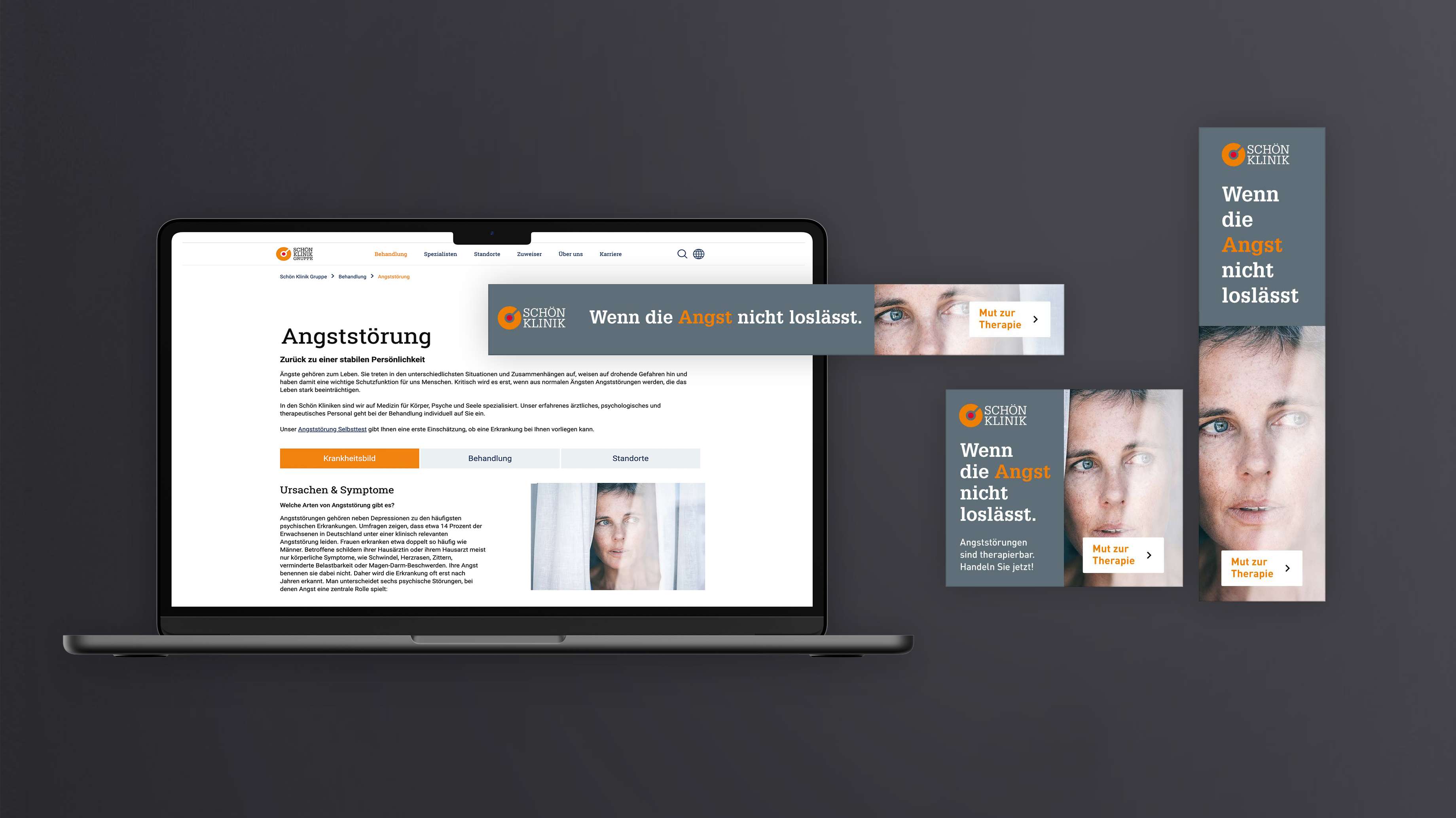 Screenshots of Schön Klinik social ads on the topic of anxiety disorder next to a mockup of the Schön Klinik website on the topic of anxiety disorder in a MacBook. The text on the ads reads “When fear doesn’t let go”
