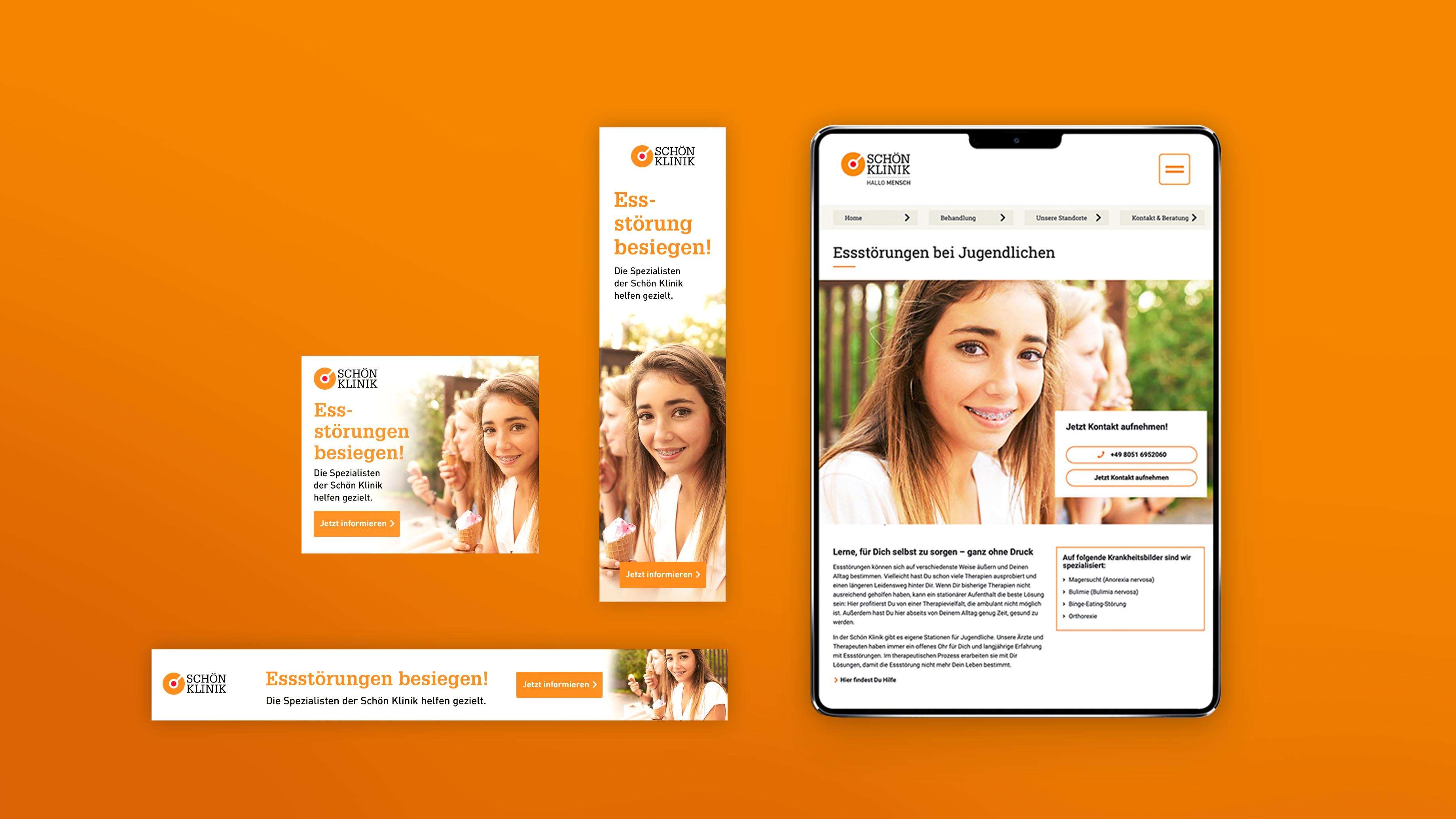 Screenshots of Schön Klinik social ads on the topic of eating disorders next to a mockup of the Schön Klinik website on the topic of eating disorders in a tablet. Text on the ads: “Defeating eating disorders!”