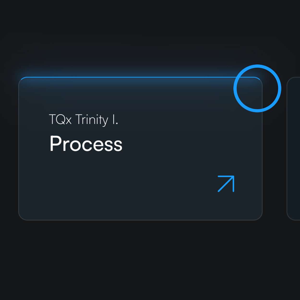 Black background with a glowing rectangular field displaying “TQx Trinity I.” and “Process.”