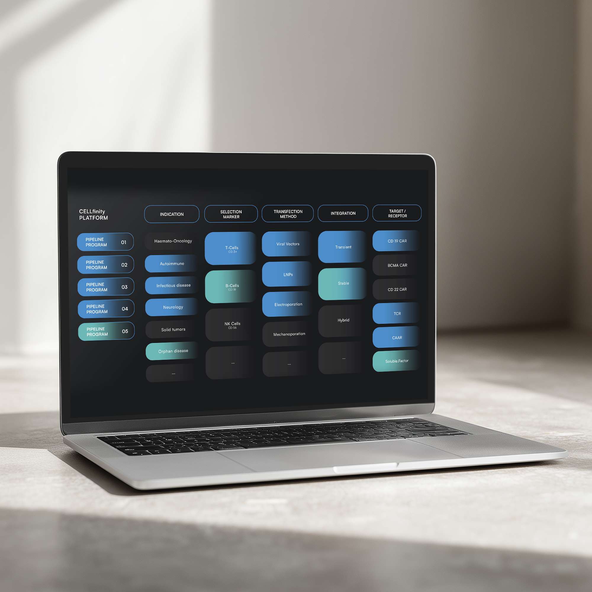 Laptop with a screen displaying a user interface featuring various buttons in shades of blue and grey.