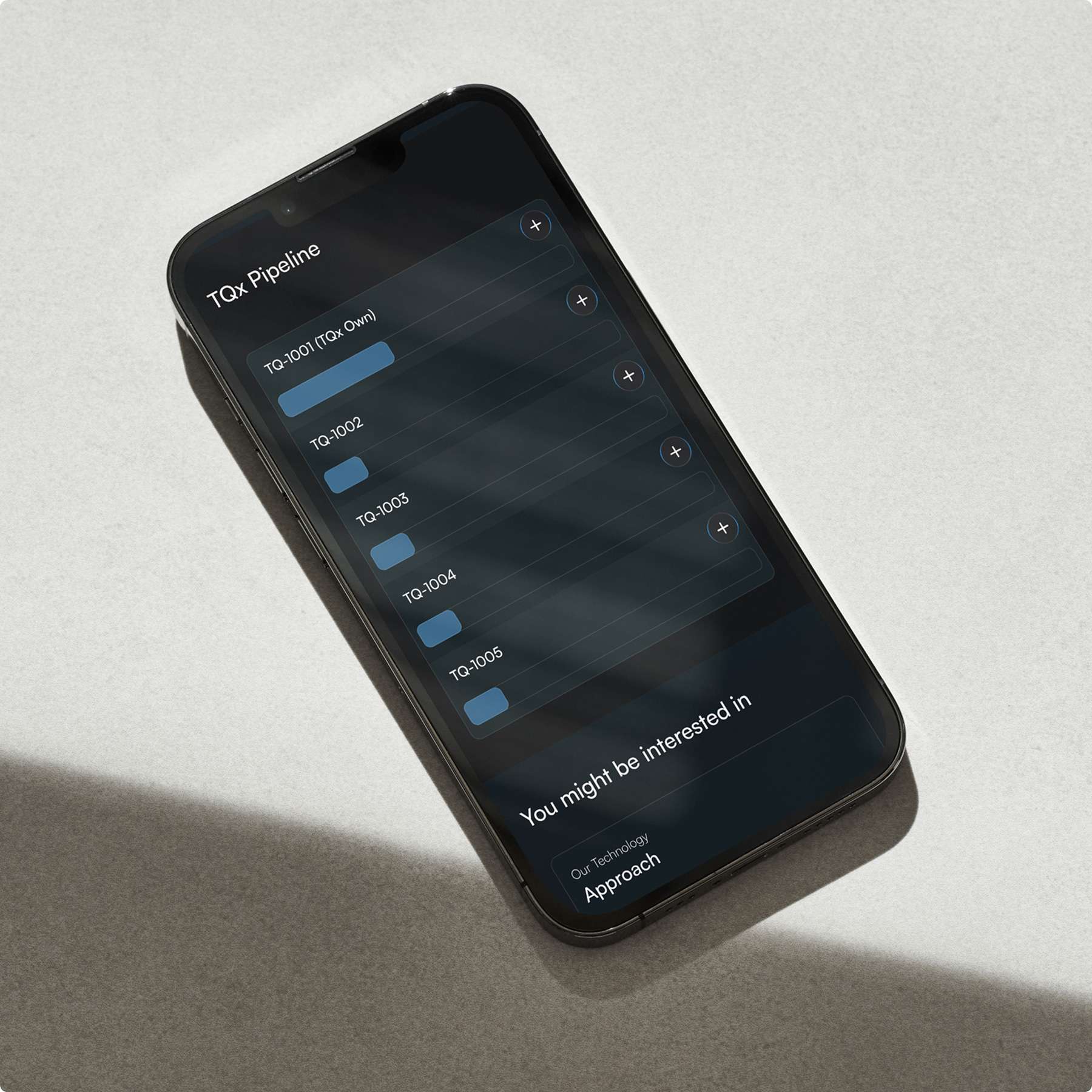 A smartphone lies on a surface, displaying a dark user interface with blue menu items.