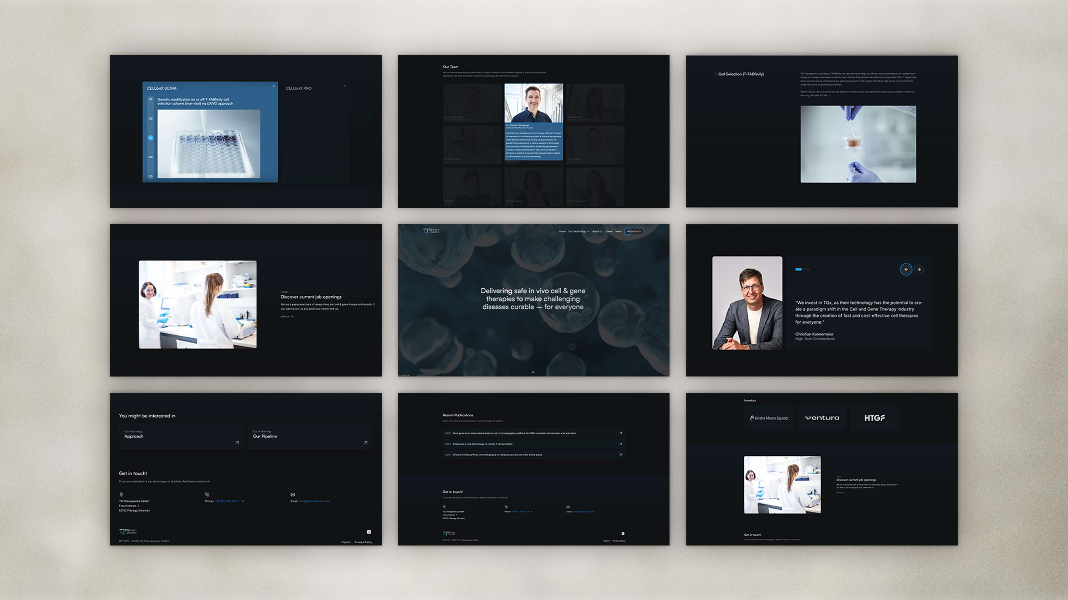 Nine digital presentation slides with various content, including text, images, and graphics on a dark background.