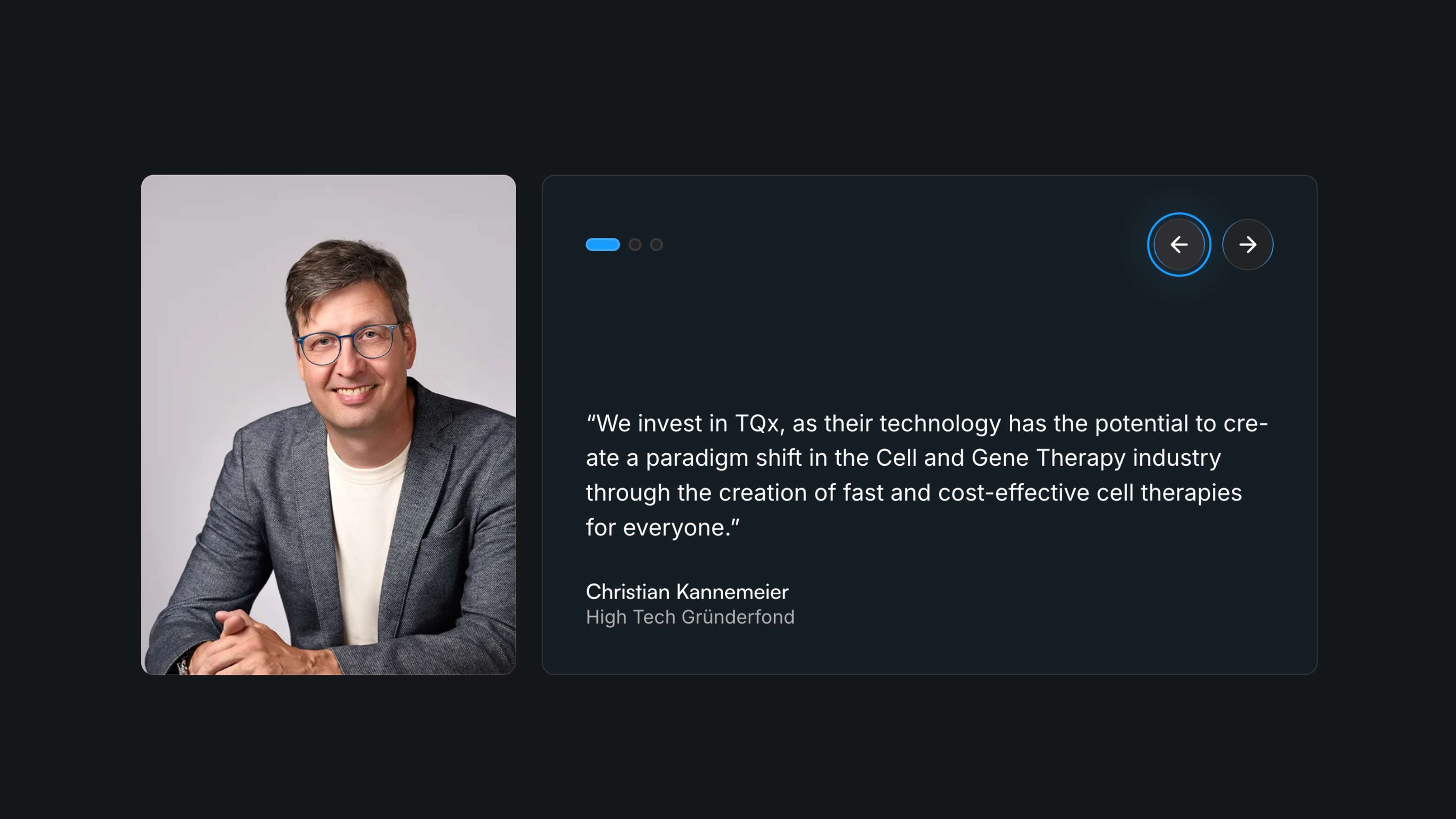 Portrait of Christian Kannemeier (High-Tech Gründerfonds) in a grey blazer, alongside a quote about TQx: “We invest in TQx, as their technology has the potential to create a paradigm shift in the cell and gene therapy industry by enabling fast and cost-effective cell therapies for everyone.”
