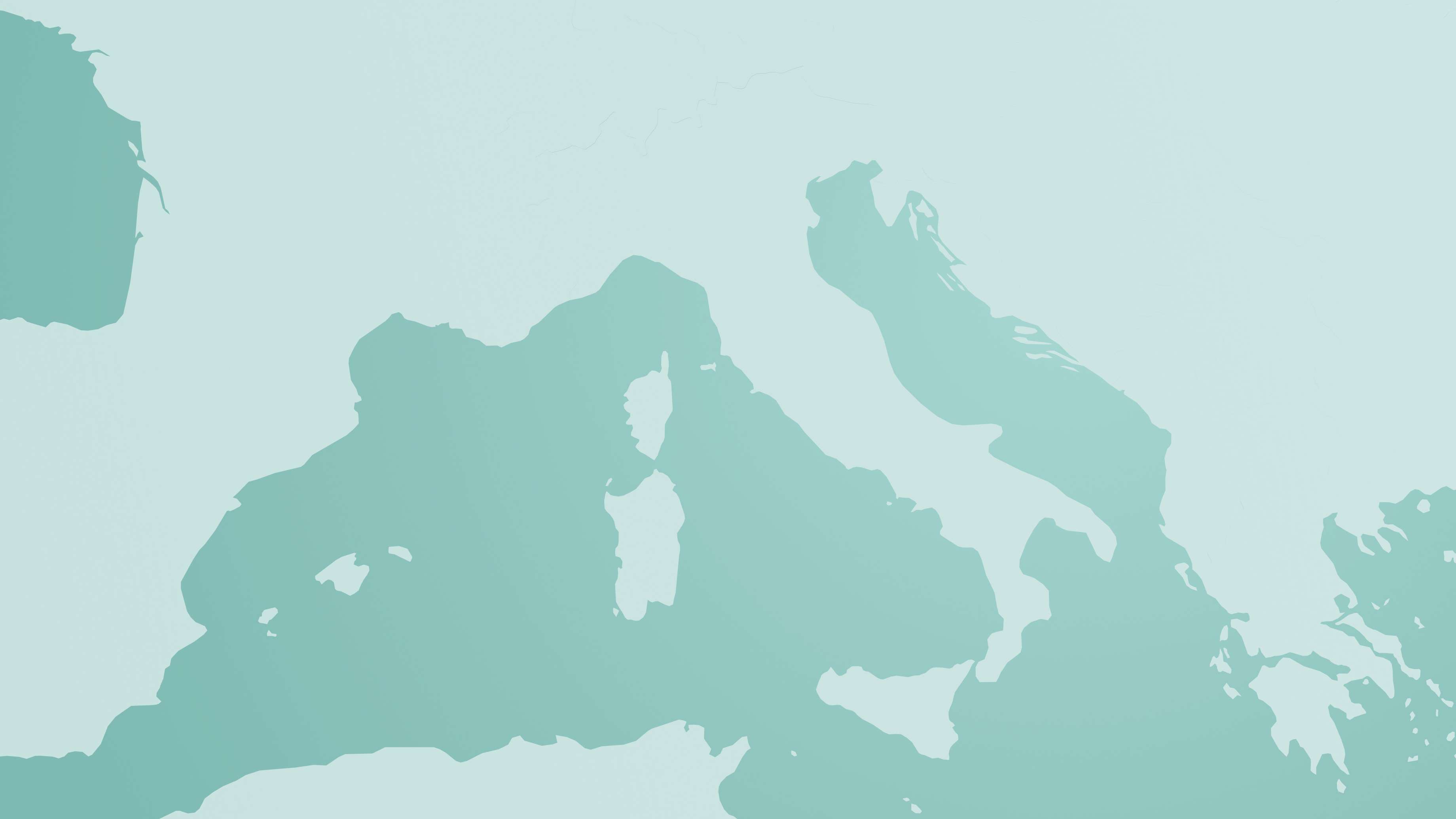 Abstrakte Karte des westlichen Mittelmeers mit Fokus auf Italien und den Inseln Sizilien, Sardinien und Korsika.