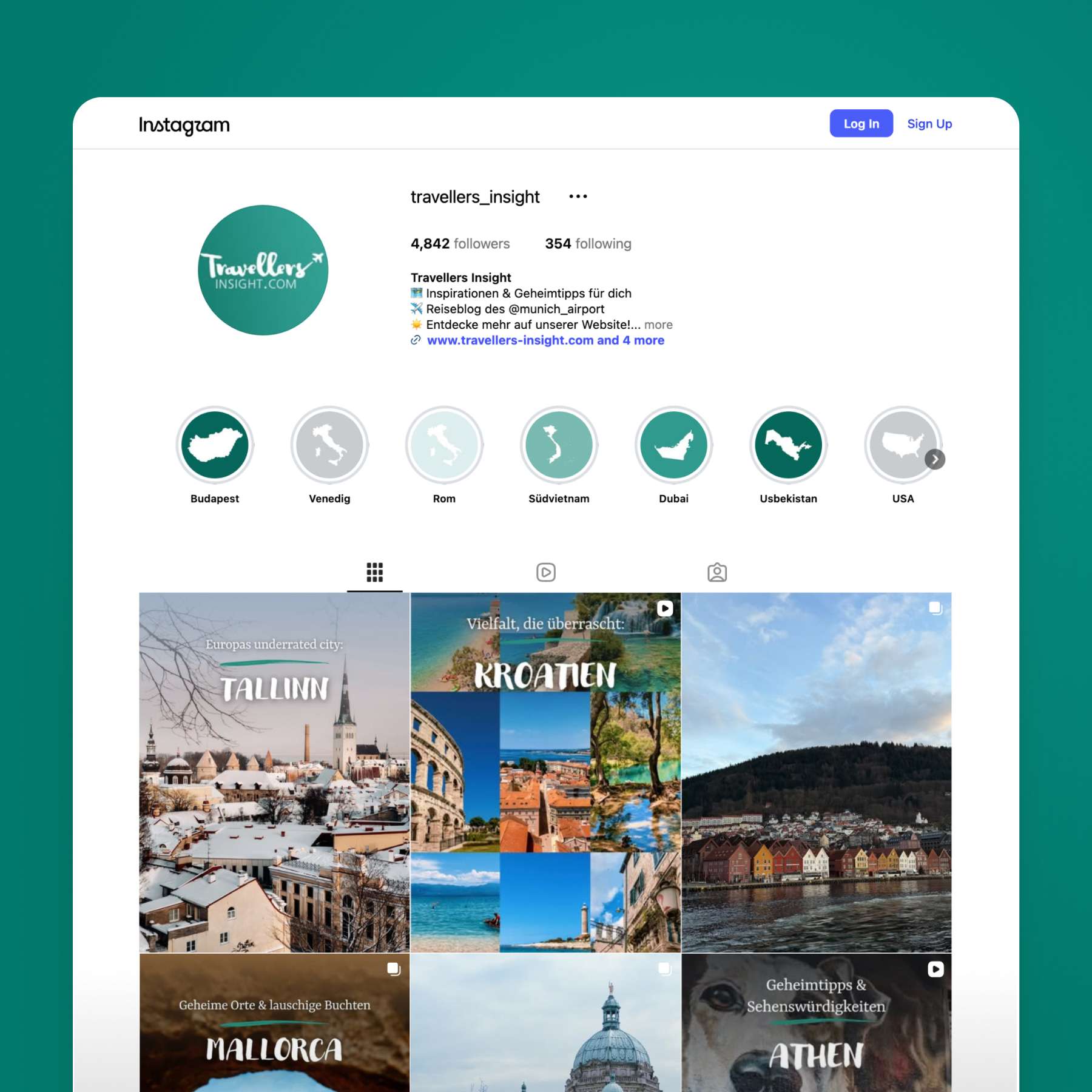 Instagram-Profil von Travellers Insight mit Reisebildern aus Tallinn, Kroatien, Mallorca, Athen und weiteren Reisezielen.